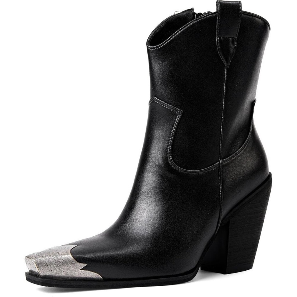 Women Black Western Ankle Boots Metal Toe Booties Stacked Block Heeled Shoes